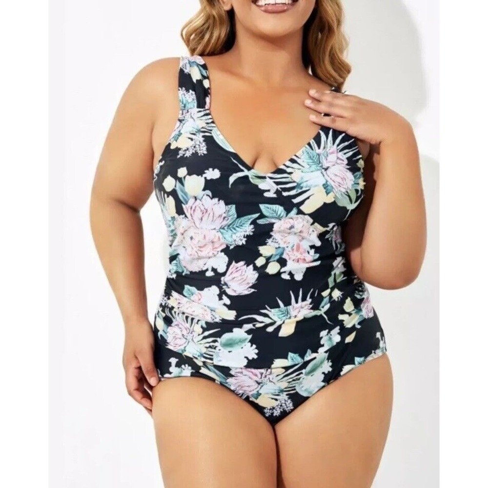 Meet Curve Floral Printed Wide Strap Wrap Shirred One Piece Swimsuit 4XL NEW